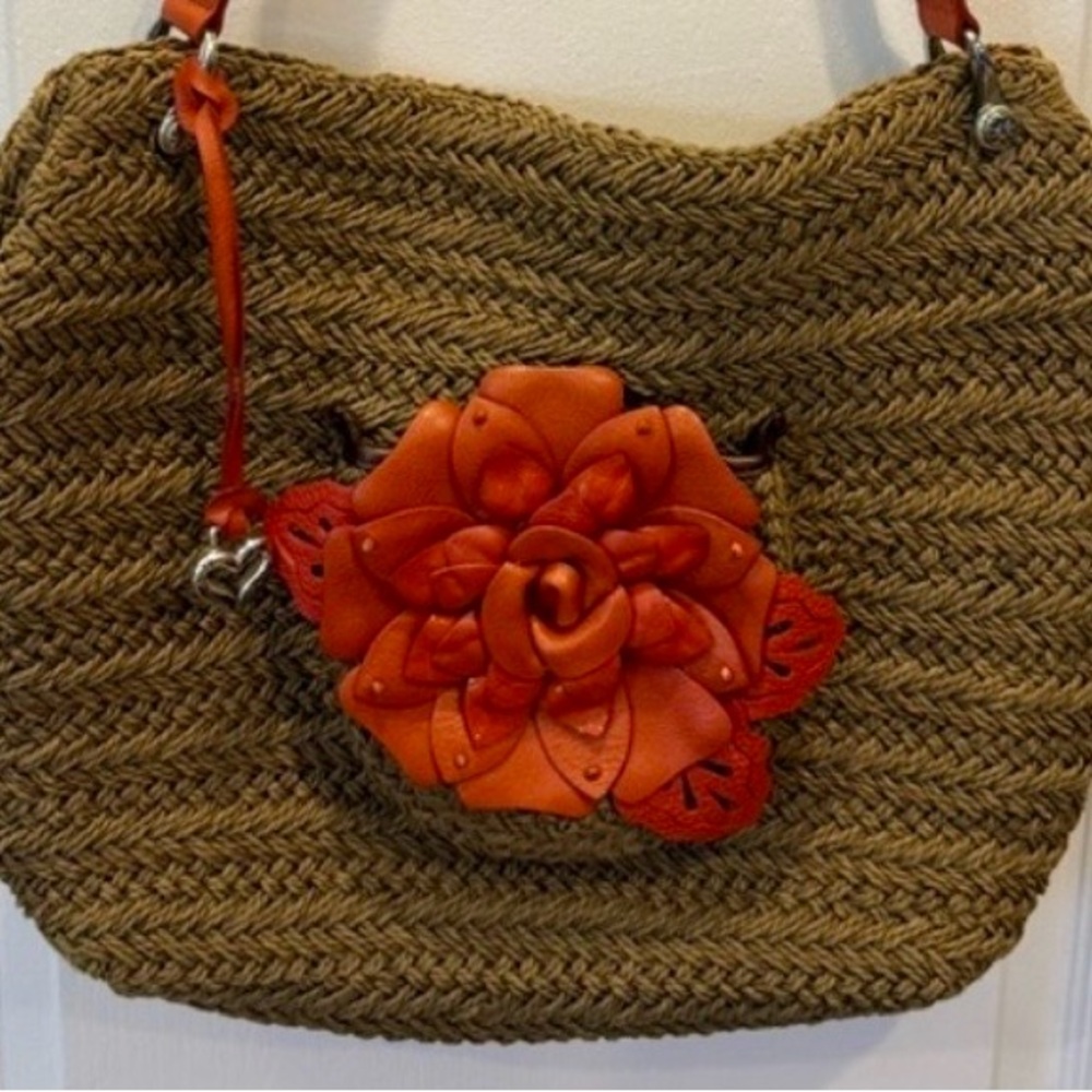 Brighton Woven Straw Leather Bag Boho Floral Orange Charm Shoulder